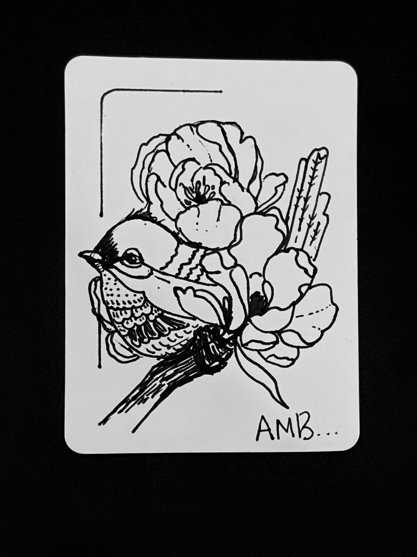 Original sticky-note-sized ink drawing by Amber, Day 3, titled In Bloom.
